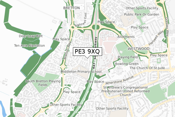 PE3 9XQ map - small scale - OS Open Zoomstack (Ordnance Survey)