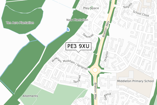 PE3 9XU map - large scale - OS Open Zoomstack (Ordnance Survey)