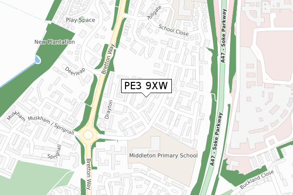 PE3 9XW map - large scale - OS Open Zoomstack (Ordnance Survey)