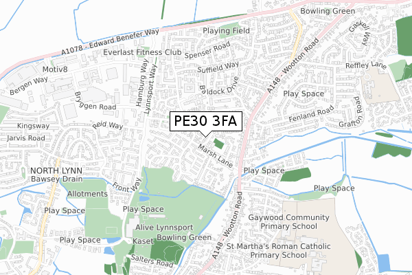 PE30 3FA map - small scale - OS Open Zoomstack (Ordnance Survey)