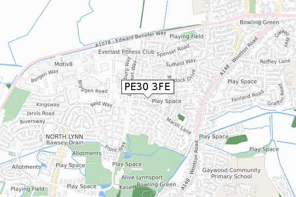 PE30 3FE map - small scale - OS Open Zoomstack (Ordnance Survey)