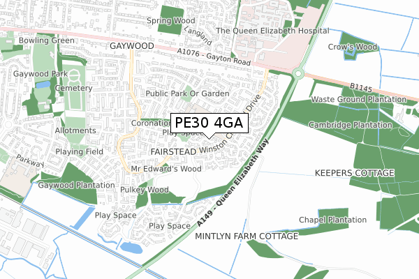 PE30 4GA map - small scale - OS Open Zoomstack (Ordnance Survey)