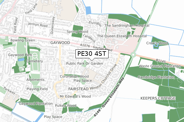 PE30 4ST map - small scale - OS Open Zoomstack (Ordnance Survey)