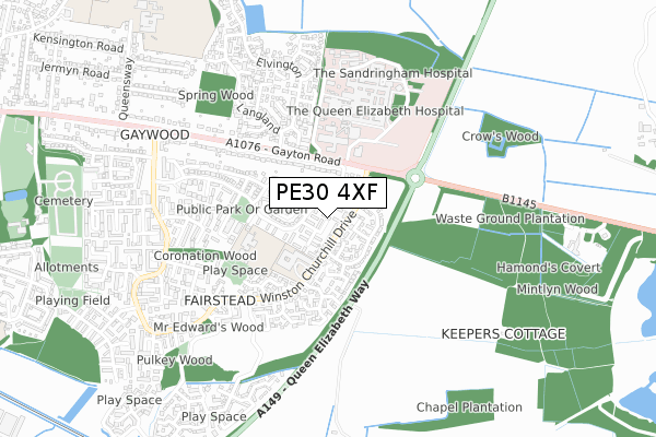 PE30 4XF map - small scale - OS Open Zoomstack (Ordnance Survey)