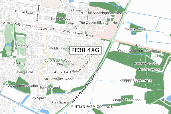 PE30 4XG map - small scale - OS Open Zoomstack (Ordnance Survey)