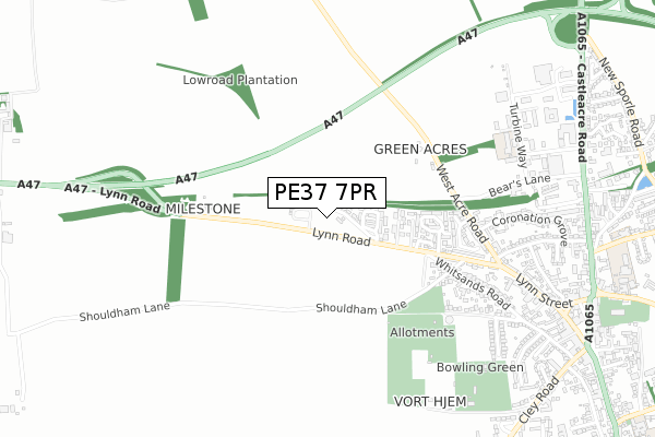 PE37 7PR map - small scale - OS Open Zoomstack (Ordnance Survey)