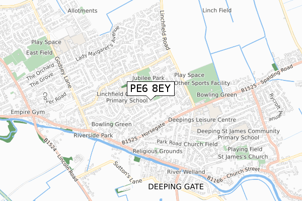 PE6 8EY map - small scale - OS Open Zoomstack (Ordnance Survey)