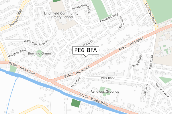 PE6 8FA map - large scale - OS Open Zoomstack (Ordnance Survey)