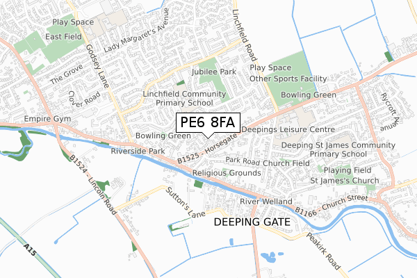 PE6 8FA map - small scale - OS Open Zoomstack (Ordnance Survey)