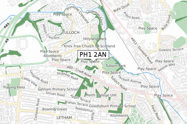 PH1 2AN map - small scale - OS Open Zoomstack (Ordnance Survey)