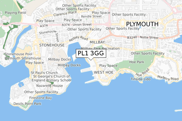 PL1 3GG map - small scale - OS Open Zoomstack (Ordnance Survey)