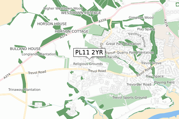 PL11 2YR map - small scale - OS Open Zoomstack (Ordnance Survey)