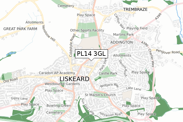 PL14 3GL map - small scale - OS Open Zoomstack (Ordnance Survey)