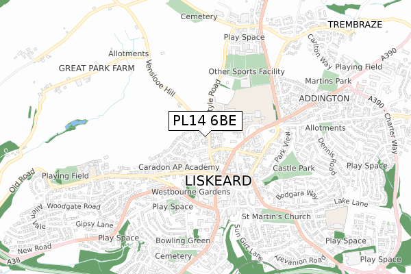 PL14 6BE map - small scale - OS Open Zoomstack (Ordnance Survey)