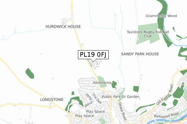 PL19 0FJ map - small scale - OS Open Zoomstack (Ordnance Survey)