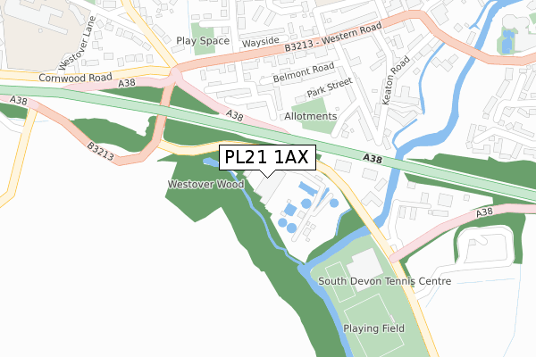 PL21 1AX map - large scale - OS Open Zoomstack (Ordnance Survey)