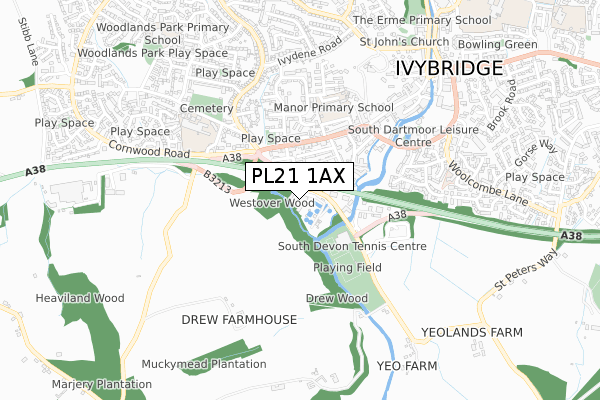 PL21 1AX map - small scale - OS Open Zoomstack (Ordnance Survey)