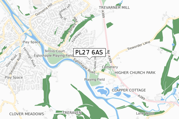 PL27 6AS map - small scale - OS Open Zoomstack (Ordnance Survey)