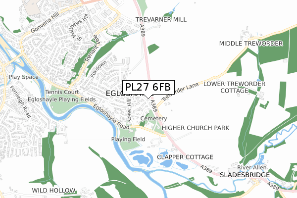 PL27 6FB map - small scale - OS Open Zoomstack (Ordnance Survey)