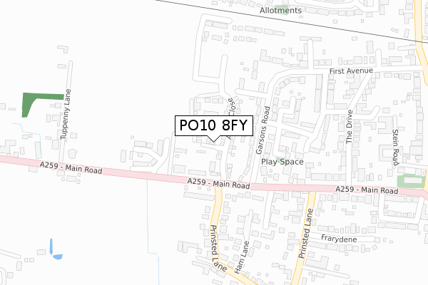 PO10 8FY map - large scale - OS Open Zoomstack (Ordnance Survey)