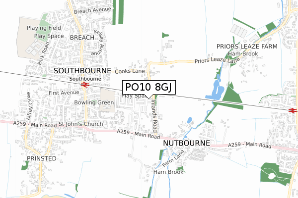 PO10 8GJ map - small scale - OS Open Zoomstack (Ordnance Survey)