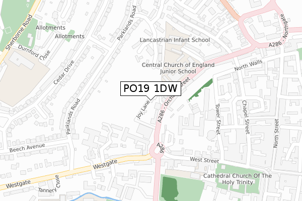 PO19 1DW map - large scale - OS Open Zoomstack (Ordnance Survey)