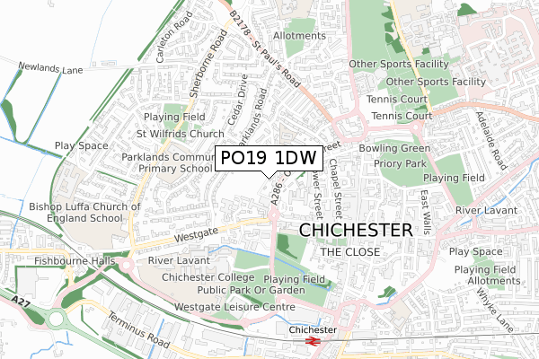 PO19 1DW map - small scale - OS Open Zoomstack (Ordnance Survey)