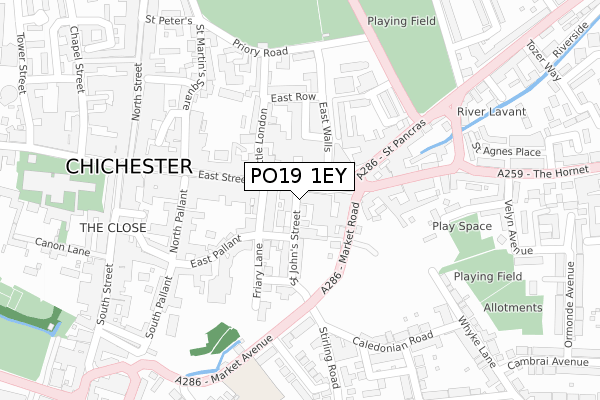 PO19 1EY map - large scale - OS Open Zoomstack (Ordnance Survey)