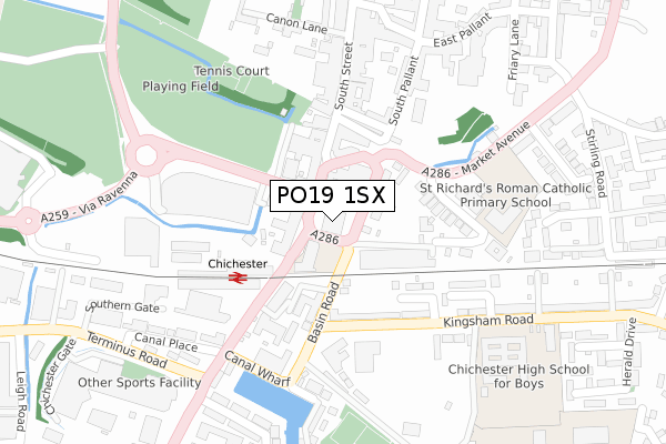 PO19 1SX map - large scale - OS Open Zoomstack (Ordnance Survey)