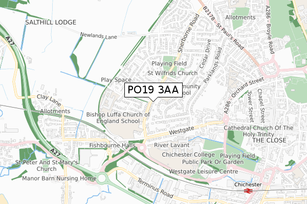 PO19 3AA map - small scale - OS Open Zoomstack (Ordnance Survey)
