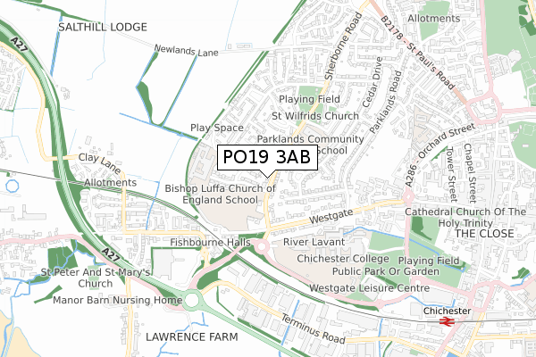 PO19 3AB map - small scale - OS Open Zoomstack (Ordnance Survey)
