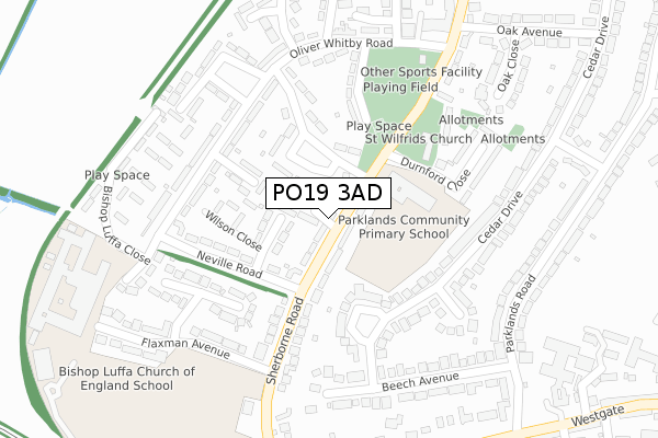 PO19 3AD map - large scale - OS Open Zoomstack (Ordnance Survey)
