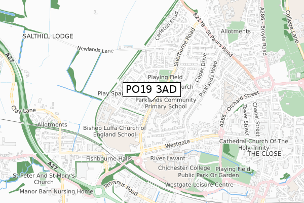PO19 3AD map - small scale - OS Open Zoomstack (Ordnance Survey)