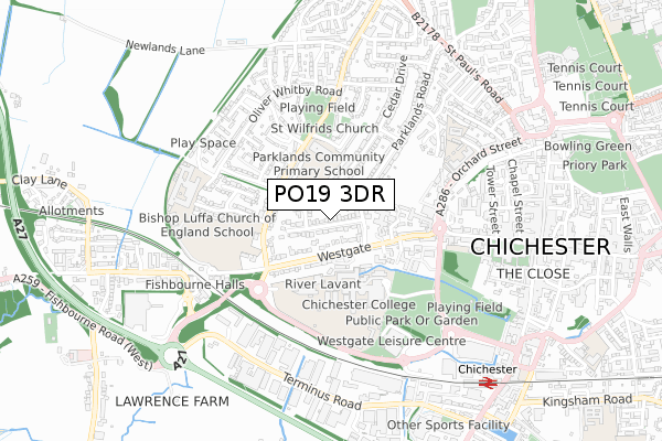 PO19 3DR map - small scale - OS Open Zoomstack (Ordnance Survey)