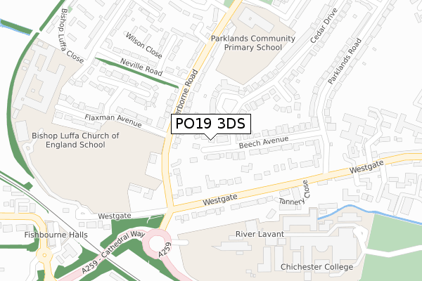 PO19 3DS map - large scale - OS Open Zoomstack (Ordnance Survey)