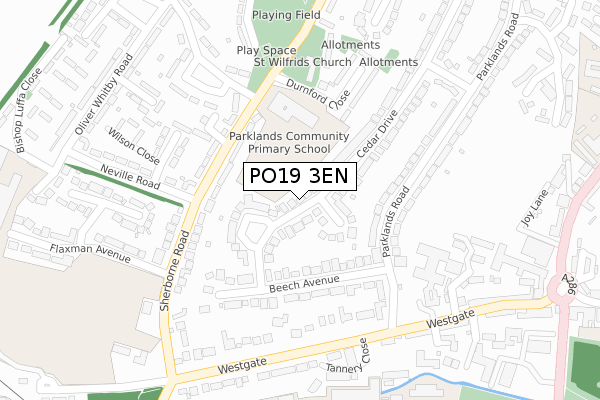 PO19 3EN map - large scale - OS Open Zoomstack (Ordnance Survey)
