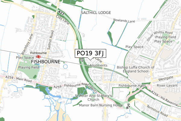 PO19 3FJ map - small scale - OS Open Zoomstack (Ordnance Survey)