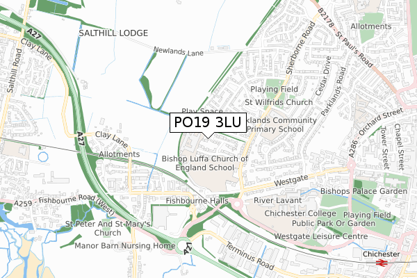 PO19 3LU map - small scale - OS Open Zoomstack (Ordnance Survey)