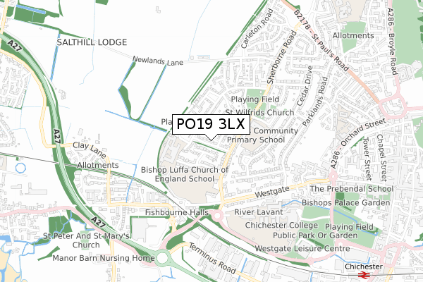 PO19 3LX map - small scale - OS Open Zoomstack (Ordnance Survey)