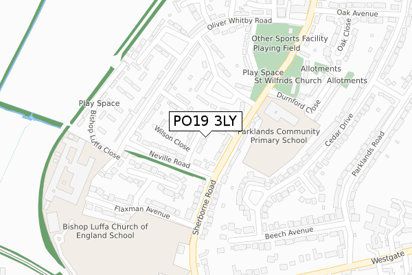 PO19 3LY map - large scale - OS Open Zoomstack (Ordnance Survey)