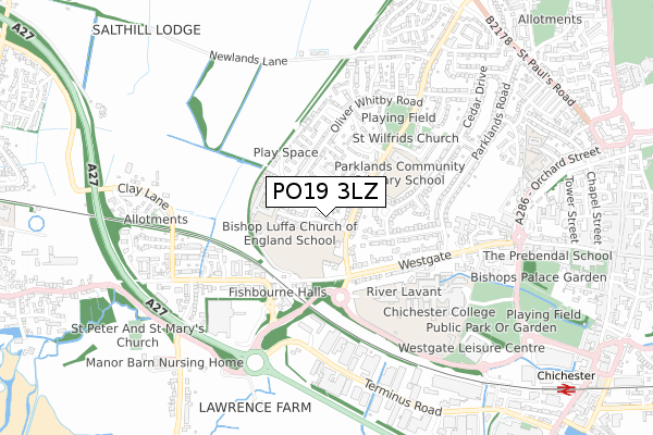 PO19 3LZ map - small scale - OS Open Zoomstack (Ordnance Survey)