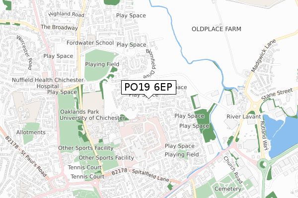 PO19 6EP map - small scale - OS Open Zoomstack (Ordnance Survey)