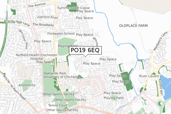 PO19 6EQ map - small scale - OS Open Zoomstack (Ordnance Survey)
