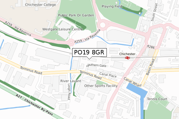 PO19 8GR map - large scale - OS Open Zoomstack (Ordnance Survey)