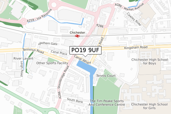 PO19 9UF map - large scale - OS Open Zoomstack (Ordnance Survey)