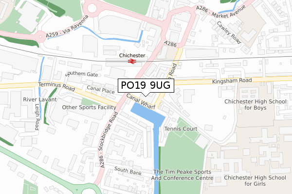 PO19 9UG map - large scale - OS Open Zoomstack (Ordnance Survey)