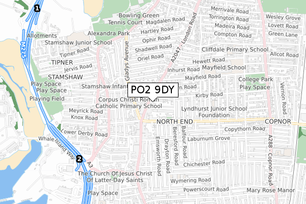 PO2 9DY map - small scale - OS Open Zoomstack (Ordnance Survey)