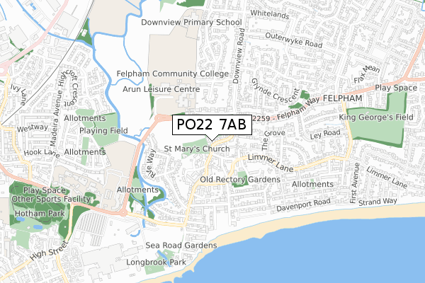 PO22 7AB map - small scale - OS Open Zoomstack (Ordnance Survey)
