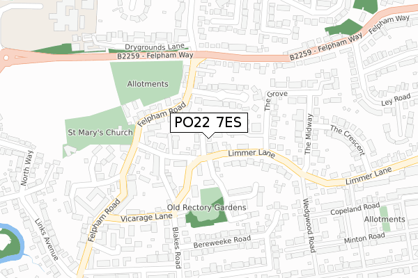 PO22 7ES map - large scale - OS Open Zoomstack (Ordnance Survey)