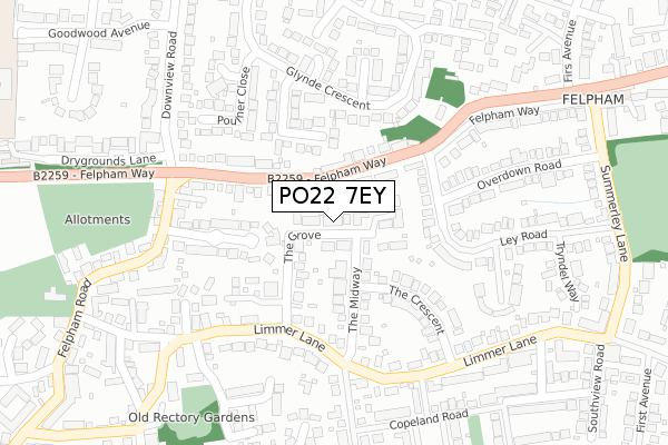 PO22 7EY map - large scale - OS Open Zoomstack (Ordnance Survey)